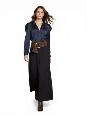 Current Air Satin Puff Sleeve Blouse Navy Blue Button Front Draped Top L